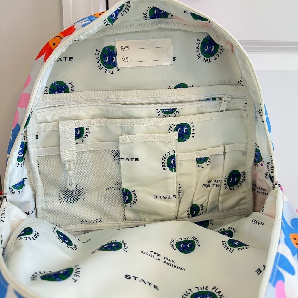 STATE Kids Backpack - White with Blue Pink Red Floral Smiley Print - Picture 5 of 10